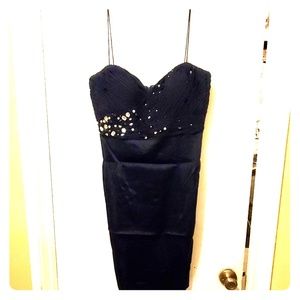 Silky over-the-knee dress w/ a beaded chiffon top